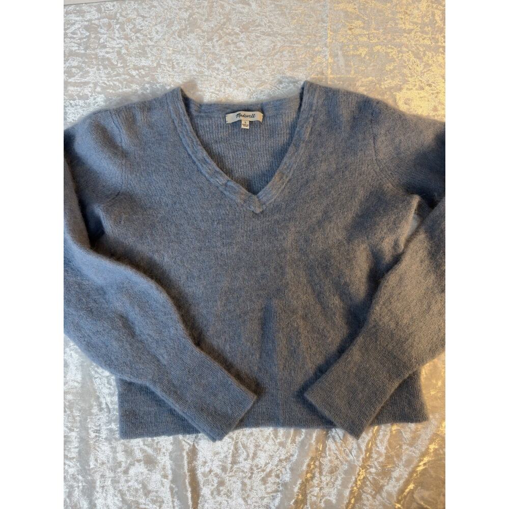 Madewell Cropped Sweater Womens L Blue‎ V Neck Fuzzy Soft Minimalist